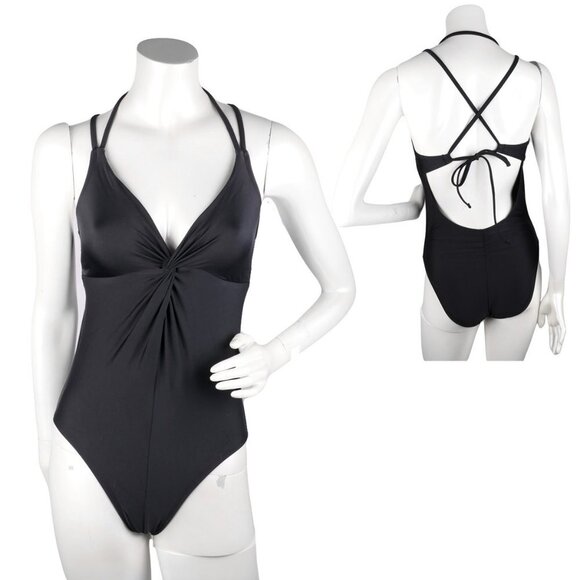 Time & Tru Open Back Swimsuit One Piece BathingSuit Halter Ruched Bust Black NEW - Picture 1 of 6